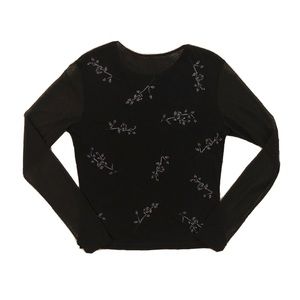 Sheer Black Flower Embroidered Long Sleeve Shirt